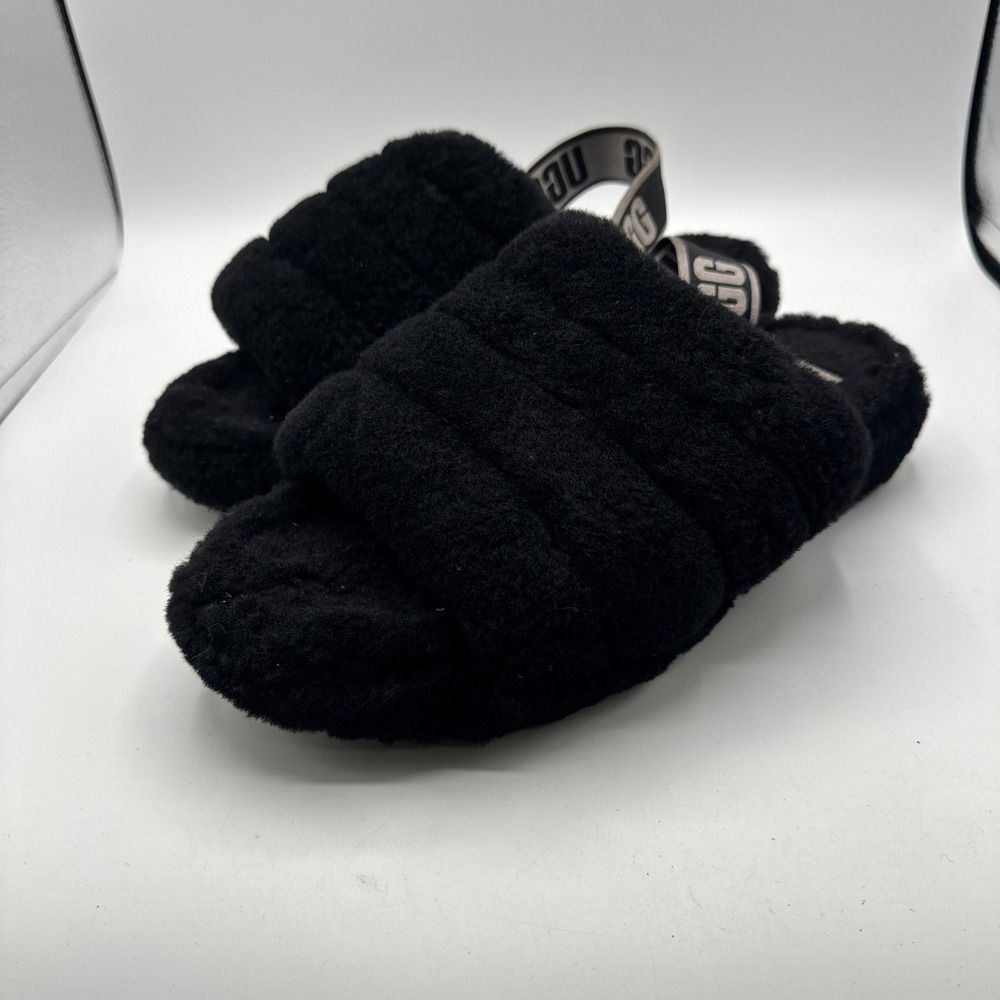 UGG Fluff Yeah Slide Sandals Women US 9 Black Shearling Slingback Slippers